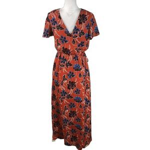Crescent Surplice Mock Wrap Maxi Dress Small Flutter Sleeve Coral Floral Print